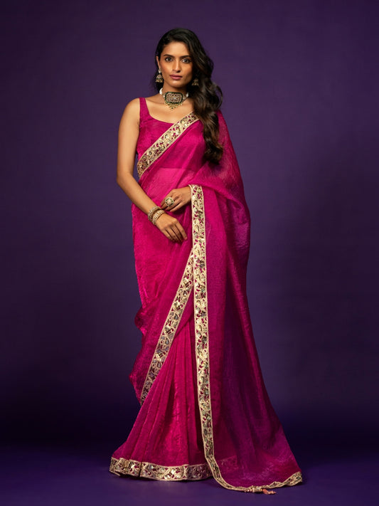 Glam Magenta Shimmery Tissue Saree with Sequin Zari Lace
