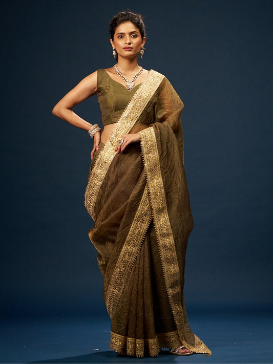 Olive Green Tissue Saree with Sequin Zari Lace