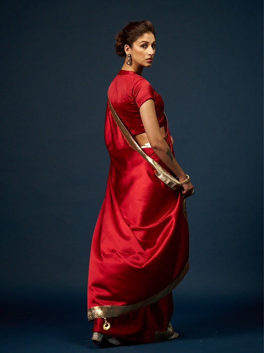Maroon Satin Saree with Golden Gotta Patti Lace