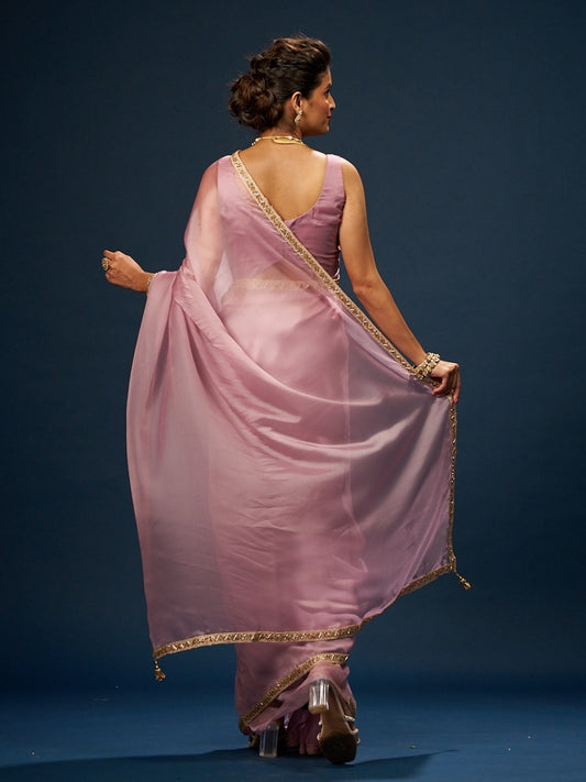 Plum Lavender Satin Saree with Cut Dana Lace