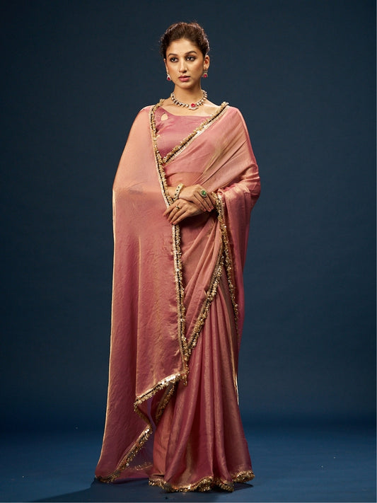 Gold Pink Soft Satin Saree with Zari Border & Latkan