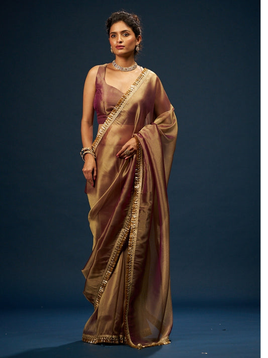 Rose Dust Gold Pink Organza Saree with Zari Border