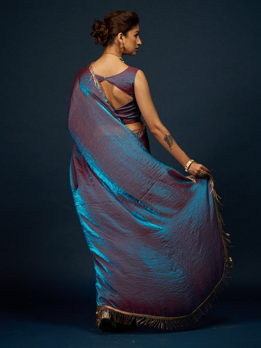 Bluish Lilac Satin Saree with Heavy Cut Dana Lace