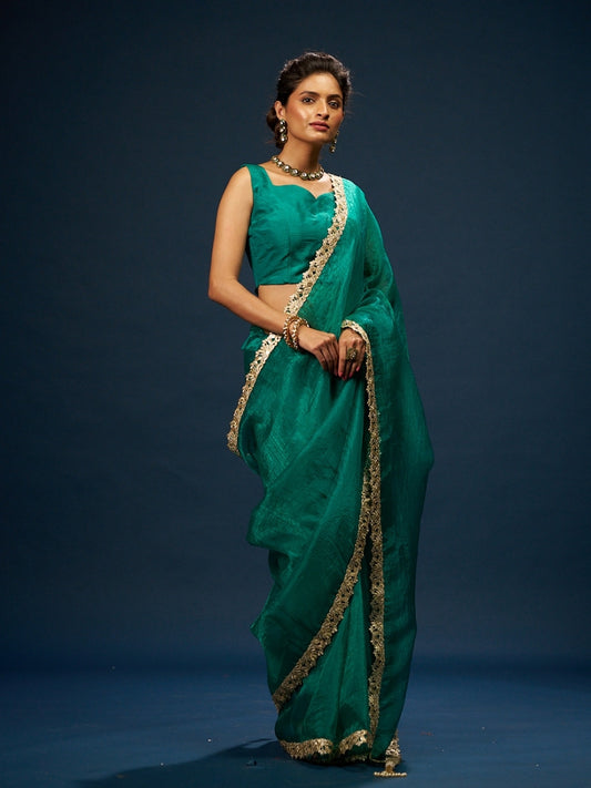 Foxtons Green Tissue Saree with Zari Sequin Lace