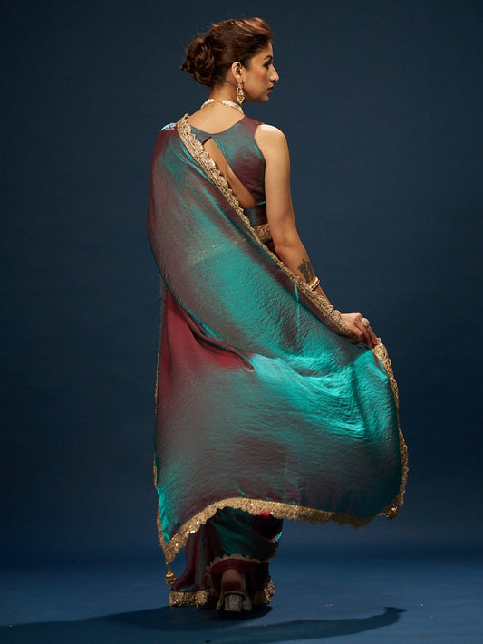 Red Green Dual Tone Satin Saree with Sequin Diamond Lace