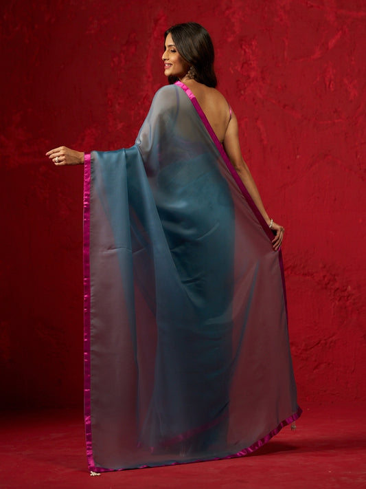 Jade Blue Organza Saree with Pink Satin Lace