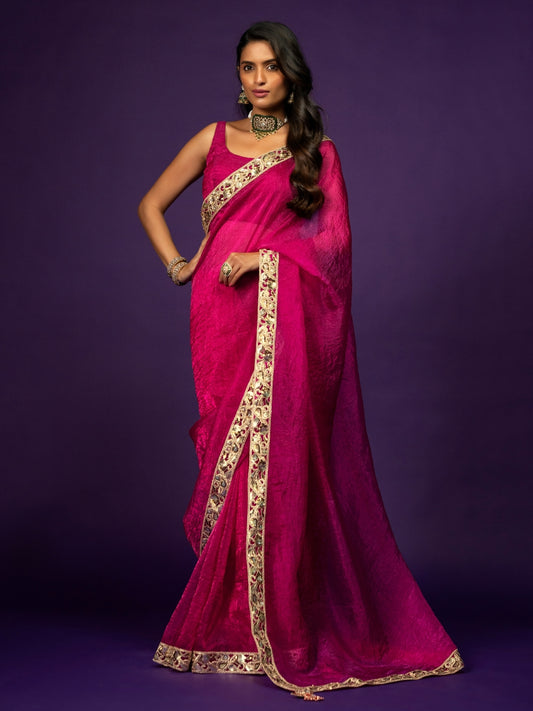 Glam Magenta Shimmery Tissue Saree with Sequin Zari Lace