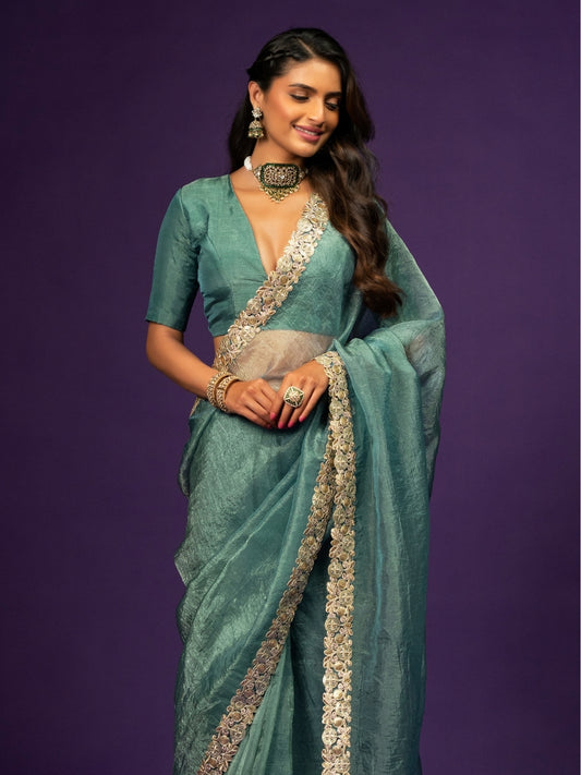 Steel Blue Shimmery Tissue Crush Saree with Zari Sequin Lace