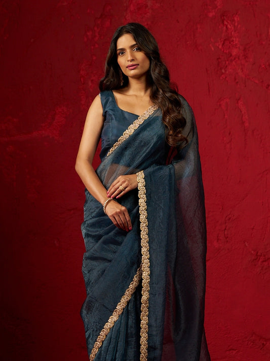 Peacock Blue Shimmery Tissue Saree with Heavy Lace