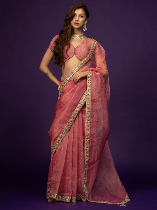 Pink Tissue Saree with Zari & Lace Border