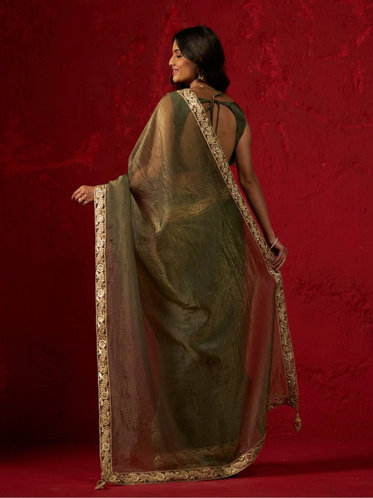Fern Green Shimmery Tissue Saree with Heavy Zari Lace