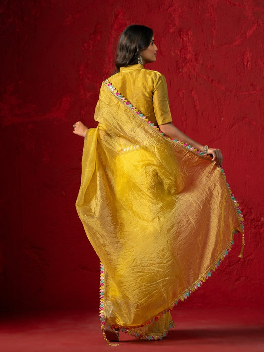 Mustard Yellow Shimmery Tissue Saree with Petal Zari Lace