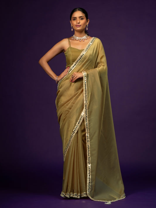 Moss Green Organza Saree with Mirror Border & Latkan