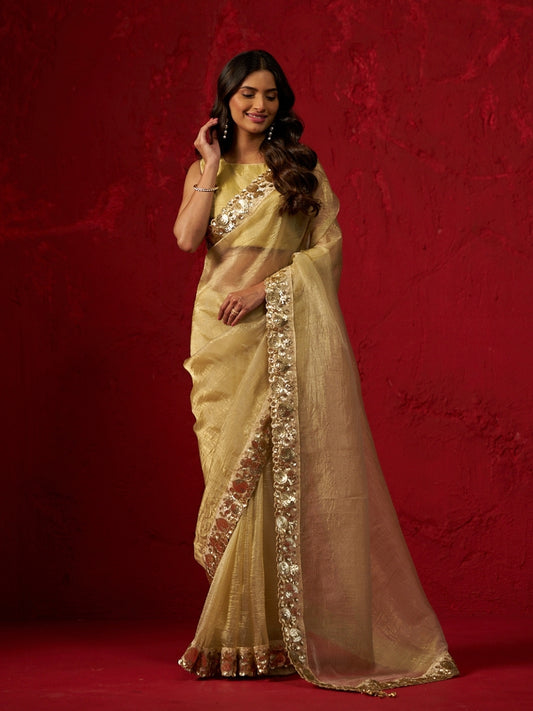 Flax Yellow Shimmery Tissue Saree with Sequin Border
