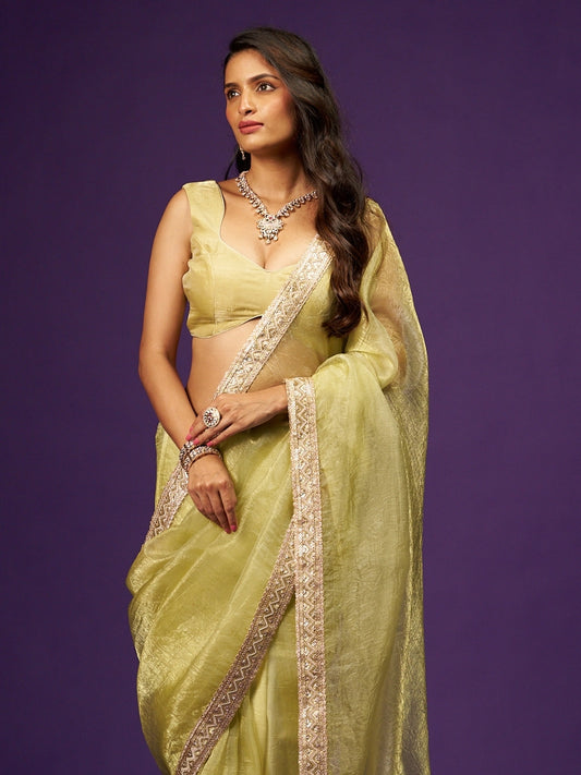 Pastel Yellow Tissue Saree with Sequin Zari Lace