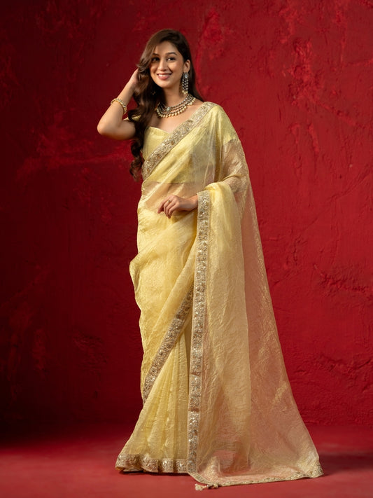 Light Goldenrod Tissue Saree with Heavy Sequin Border