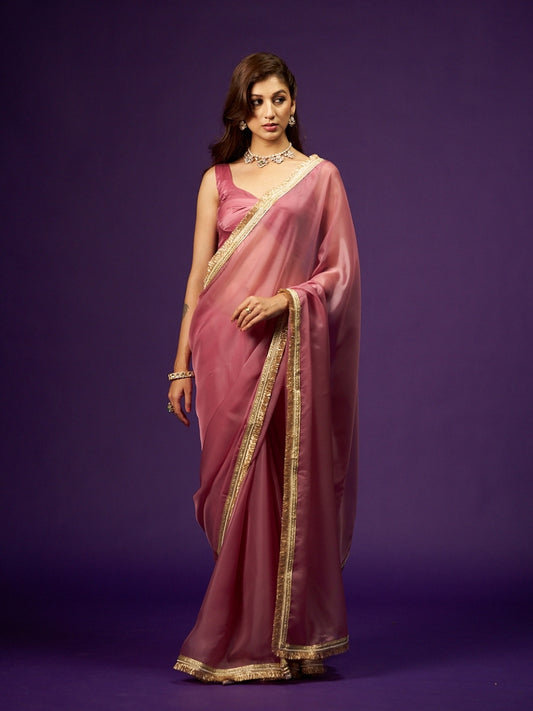 Lavender Pink Dual Tone Organza Saree with Zari Moti Lace