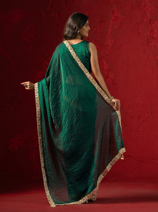 Castleton Green Satin Crush Saree with Heavy Zari Border