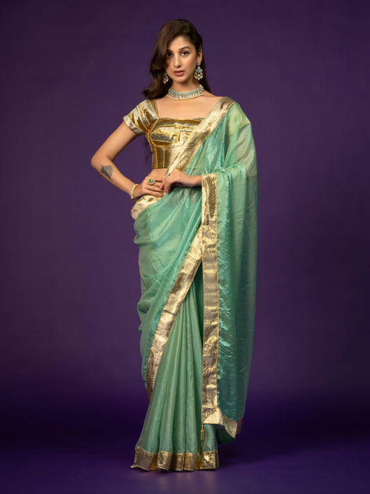 Metallic Sky Blue Satin Saree with Gotta Patti Border