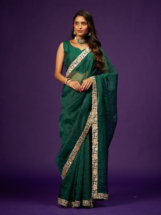 Foxtons Green Tissue Saree with Sequin Zari Lace