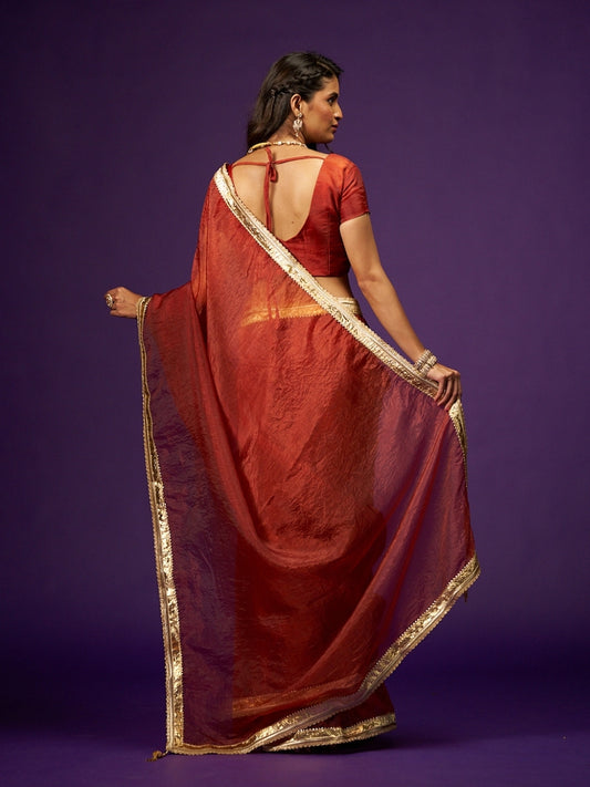 Garnet Red Tissue Saree with Gotta Patti & Zari Lace