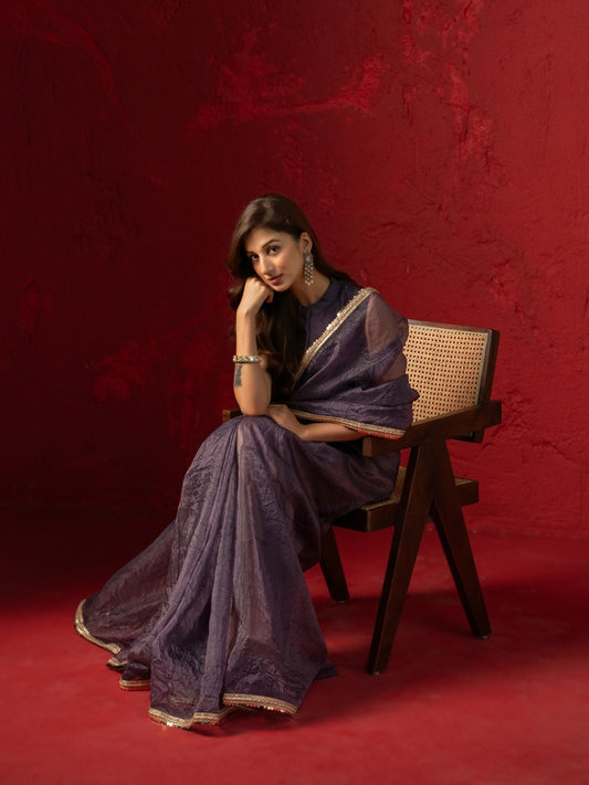 Imperial Purple Tissue Saree with Sequin Lace & Latkan