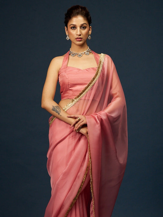 Coral Pink Satin Saree with Zari Lace & Latkan