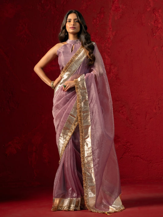 Lavender Shimmery Tissue Saree with Gotta Patti & Jaipuri Lace