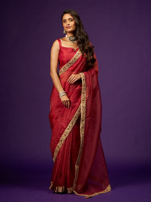 Scarlet Red Shimmery Tissue Saree with Zari Sequin Lace