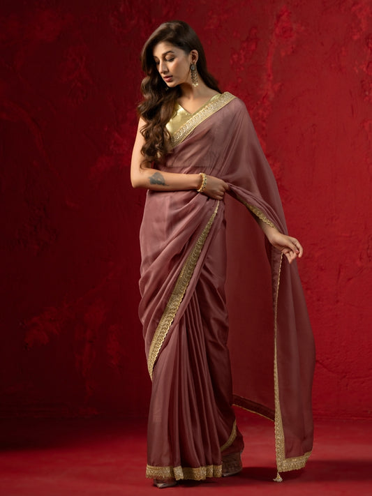 Greenish Pink Dual Tone Organza Saree with Zari Sequin Lace