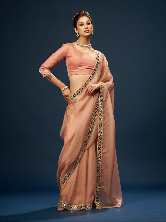Peach Satin Saree with Mirror Work Lace & Latkan