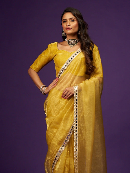 Brass Yellow Tissue Saree with Mirror & Moti Lace