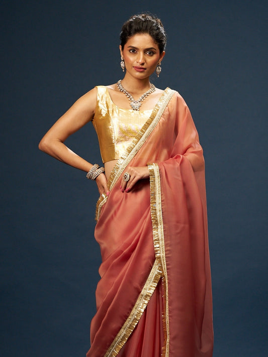 Burnt Orange Satin Saree with Zari Lace & Latkan