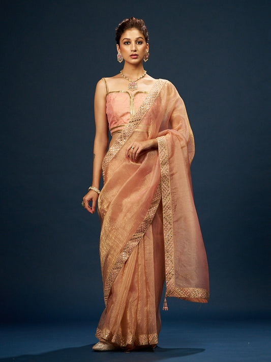 Apricot Orange Tissue Saree with Zari Mirror Lace