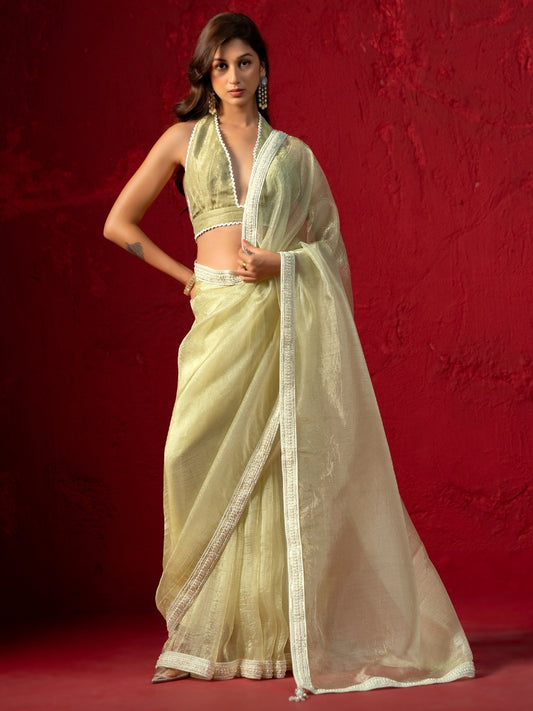 Pale Lime Yellow Shimmery Tissue Saree with Pearl Border