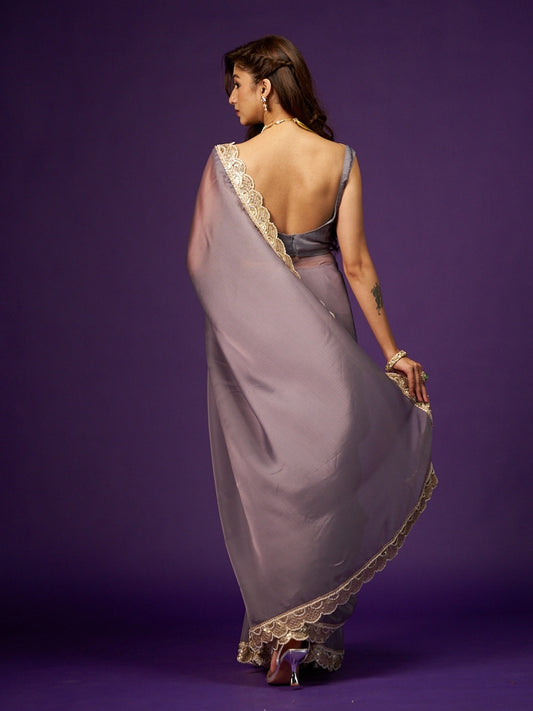 Purple Green Dual Tone Organza Saree with Moti & Sequin Lace