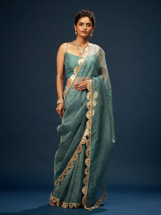 Turkish Blue Tissue Saree with Sequin & Moti Work Lace