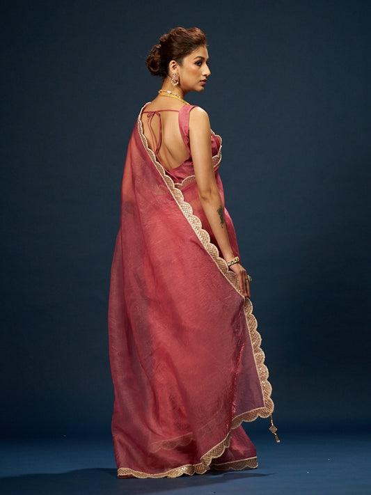 Candy Pink Tissue Saree with Sequin Moti Lace