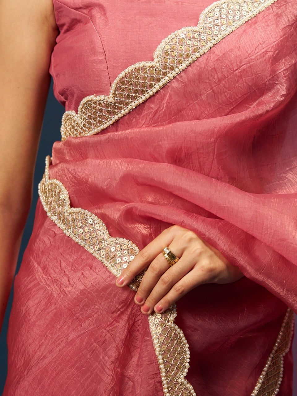 Candy Pink Tissue Saree with Sequin Moti Lace