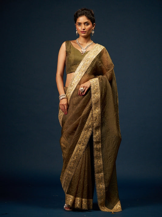 Olive Green Tissue Saree with Sequin Zari Lace