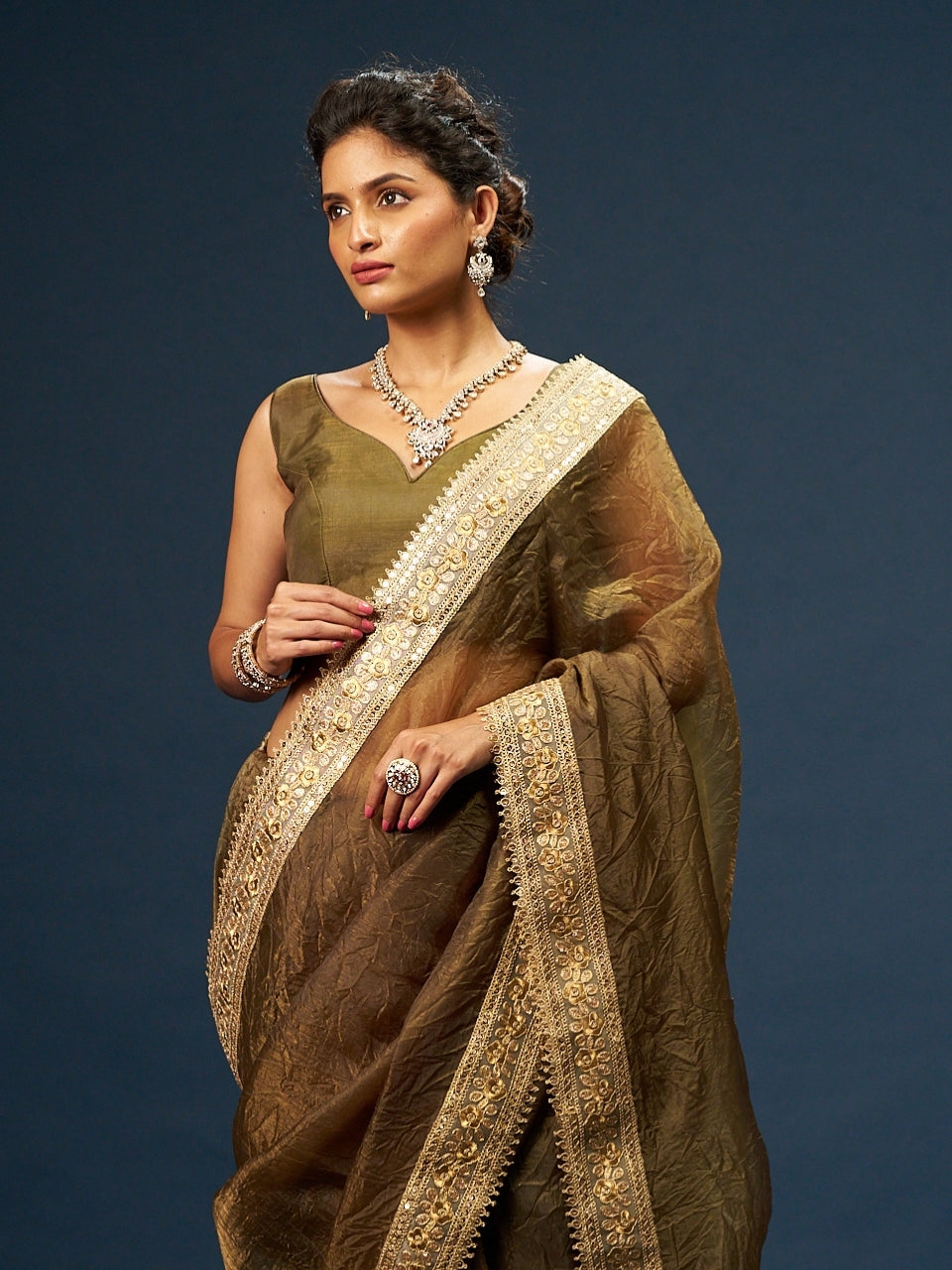 Olive Green Tissue Saree with Sequin Zari Lace