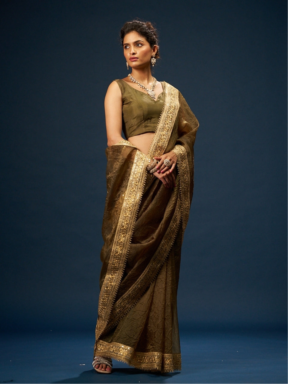 Olive Green Tissue Saree with Sequin Zari Lace
