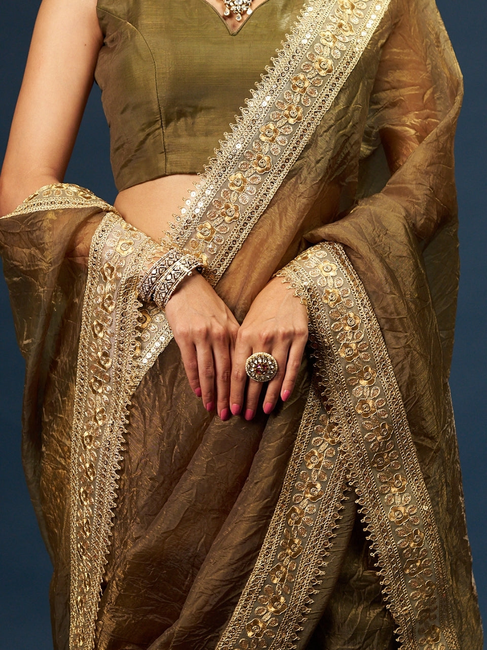 Olive Green Tissue Saree with Sequin Zari Lace