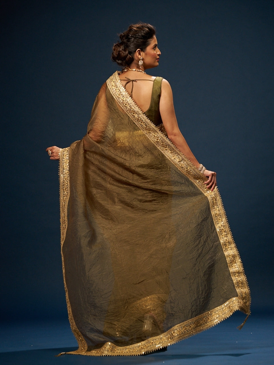 Olive Green Tissue Saree with Sequin Zari Lace