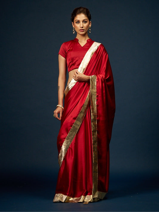 Maroon Satin Saree with Golden Gotta Patti Lace