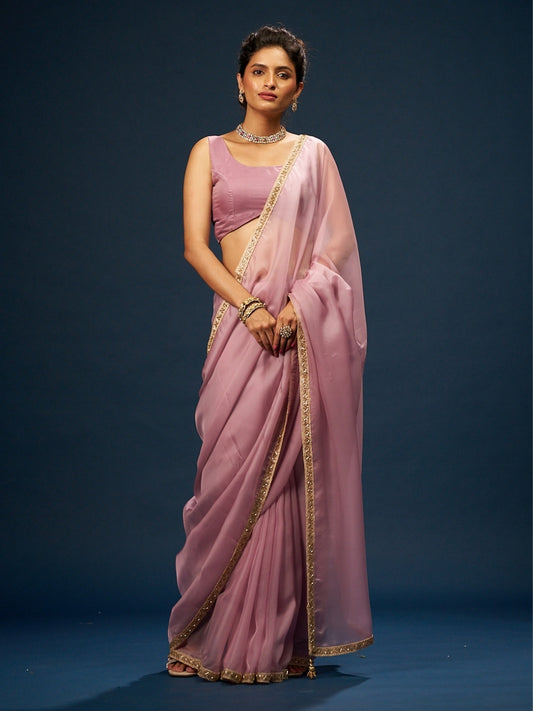 Plum Lavender Satin Saree with Cut Dana Lace