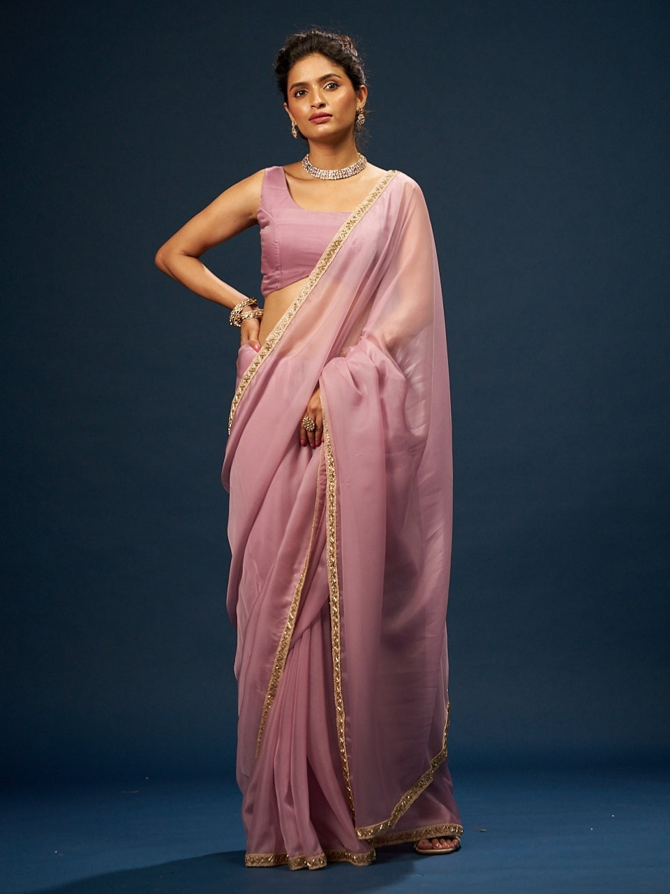 Plum Lavender Satin Saree with Cut Dana Lace