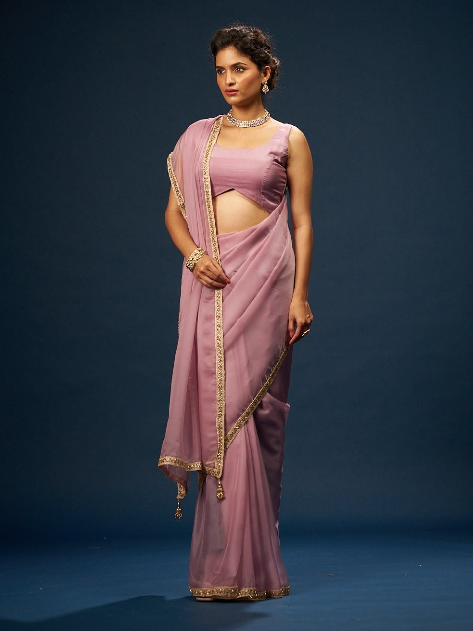Plum Lavender Satin Saree with Cut Dana Lace