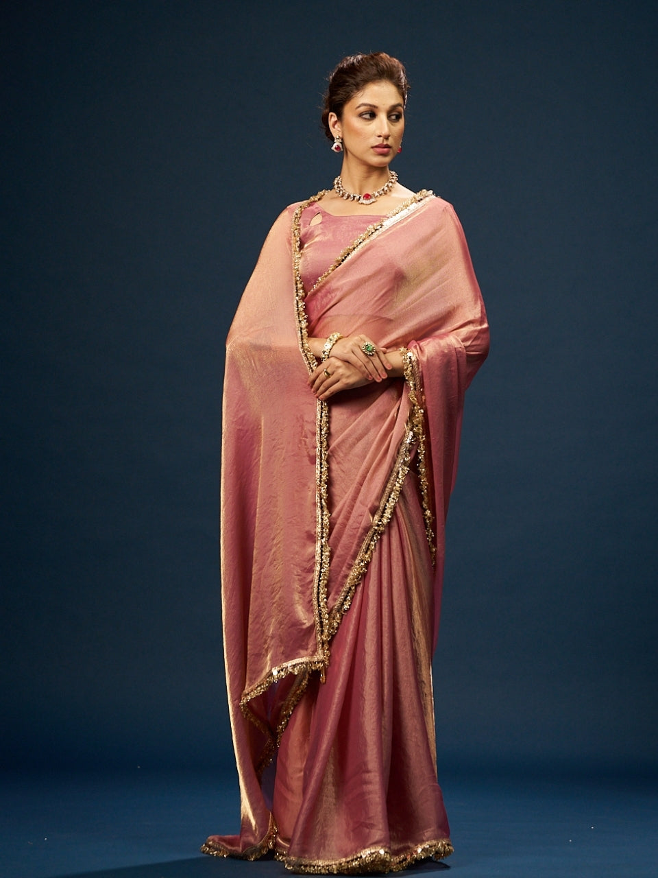 Gold Pink Soft Satin Saree with Zari Border & Latkan