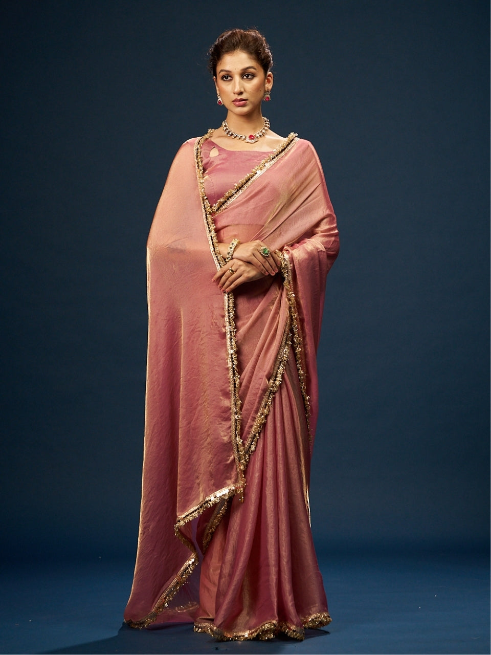 Gold Pink Soft Satin Saree with Zari Border & Latkan